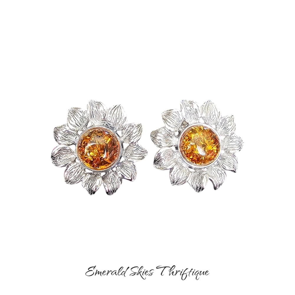 Source Unknown Silver Sunflower Earrings with Amber Centers